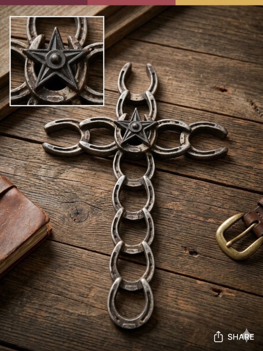Rustic Faux Cast Iron Horseshoe Wall Cross Western Star Decor 9"x6"